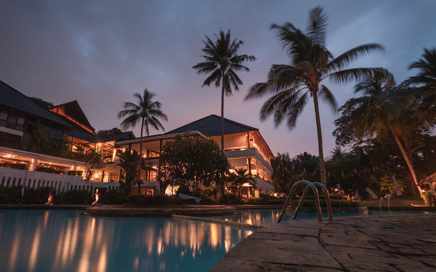 Luxury hotel exterior at dusk